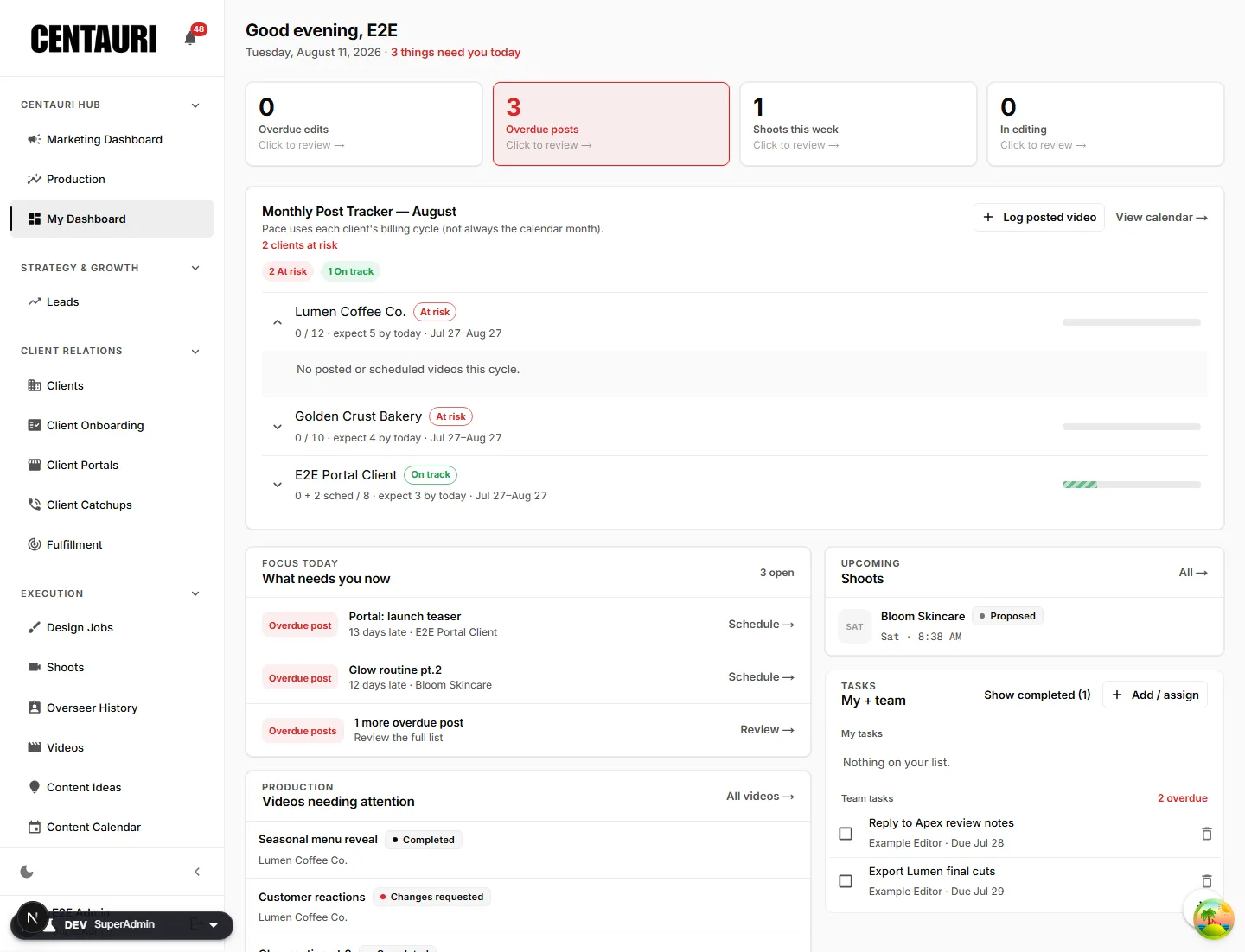 Centauri CRM: the studio dashboard that tracks posts, shoots and tasks across every account.