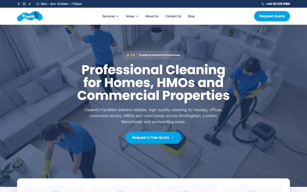 Clean4U Facilities's website: Professional cleaning for homes, HMOs and commercial properties.