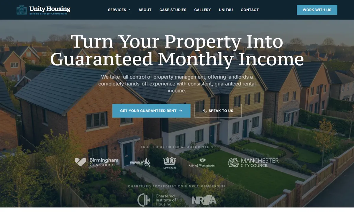 Unity Housing's website: Guaranteed rent and full property management for landlords.