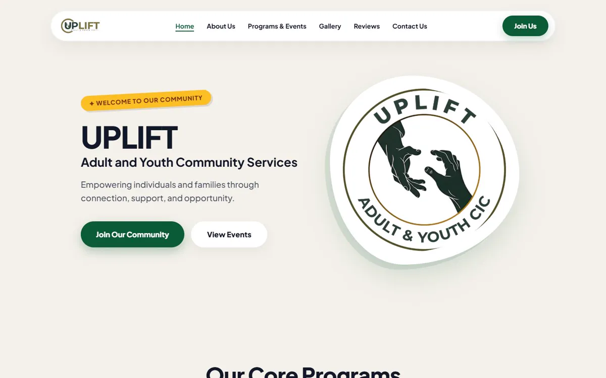 Uplift Community's website: Adult and youth community services, with its programmes and events.